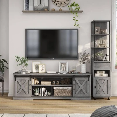 2pc Clander TV Stand And Bookcase Tower Set Vintage Gray Oak - HOMES: Inside + Out 2 2pc Clander TV Stand And Bookcase Tower Set Vintage Gray Oak - HOMES: Inside + Out - Image 2