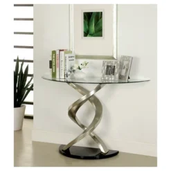 Kelsi Modern Twisting Glass Top Sofa Table Satin Plated/Black - HOMES: Inside + Out