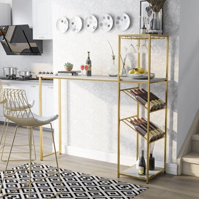Bennis Bar Table With Wine Shelves High Gloss White/Gold Coated - HOMES: Inside + Out 1 Bennis Bar Table With Wine Shelves High Gloss White/Gold Coated - HOMES: Inside + Out
